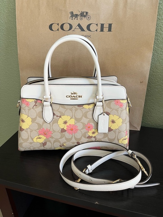 Coach Handbags - Coach Darcie Large Floral Signature Satchel in Beige, White, Yellow and Pink